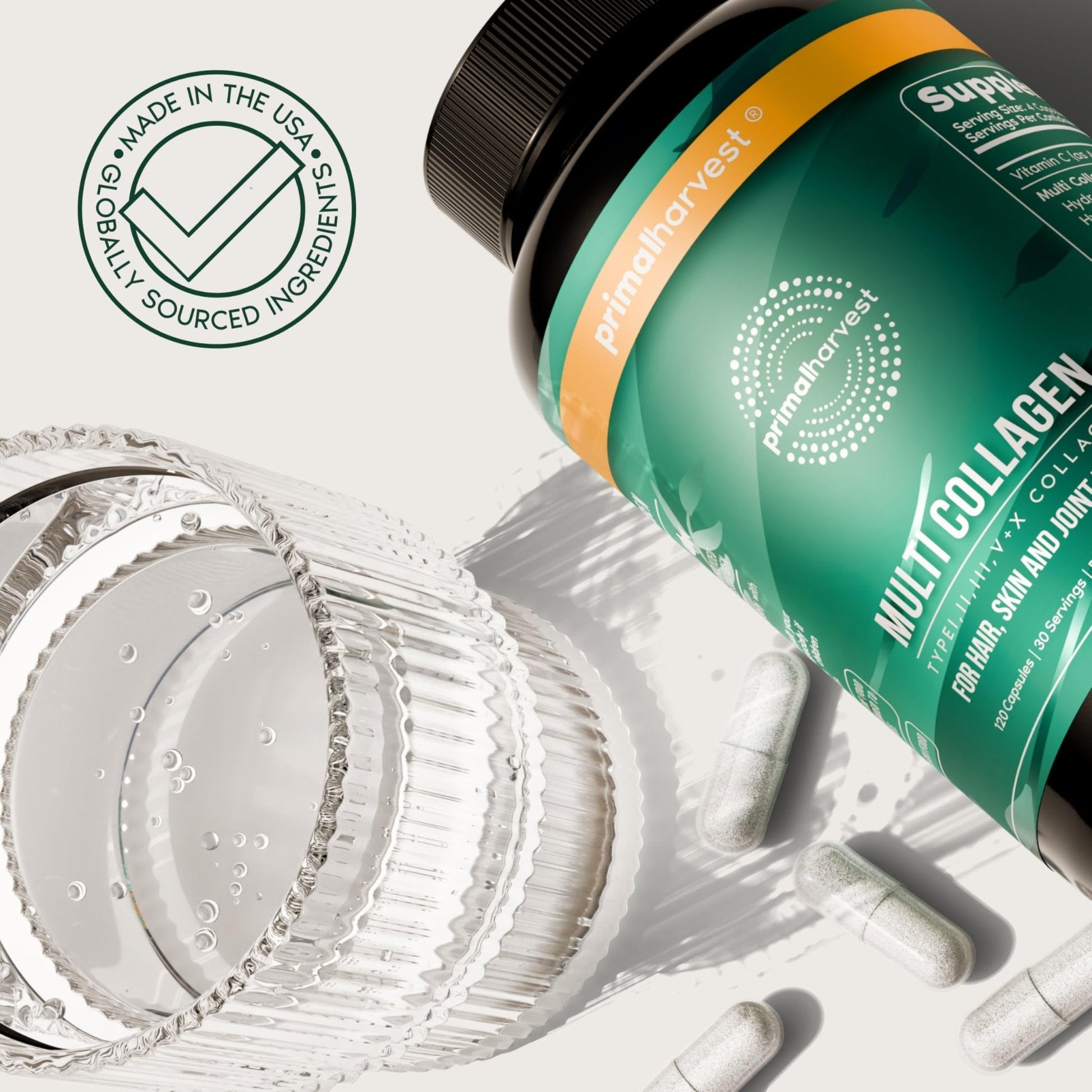 Primal Harvest Multi Collagen Pills for Women and Men (Type I, II, III, V, X) 120 Capsules w/Vitamin C for Hair, Skin, Nails - Maple Wellness Supplements