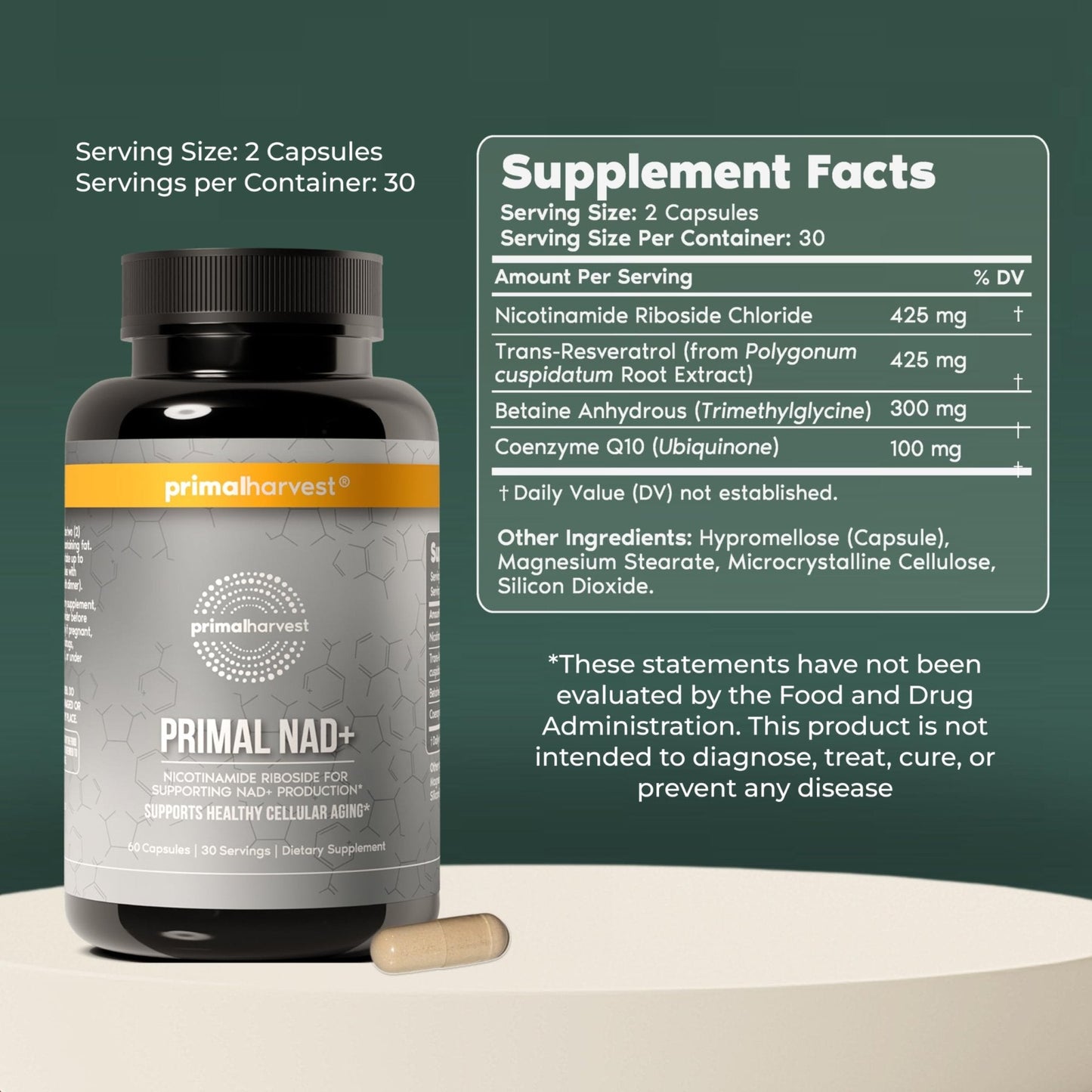 Primal Harvest NAD+ Supplement: Nicotinamide Riboside, Trans-Resveratrol, Betaine, CoQ10, NAD Supplements for Cellular Health, Energy, and Mitochondrial Support - Maple Wellness Supplements