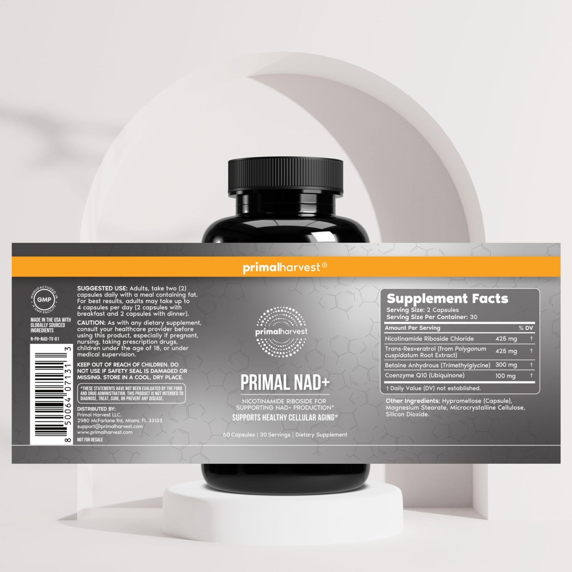 Primal Harvest NAD+ Supplement: Nicotinamide Riboside, Trans-Resveratrol, Betaine, CoQ10, NAD Supplements for Cellular Health, Energy, and Mitochondrial Support (60 Count (1 Pack) - Maple Wellness Supplements