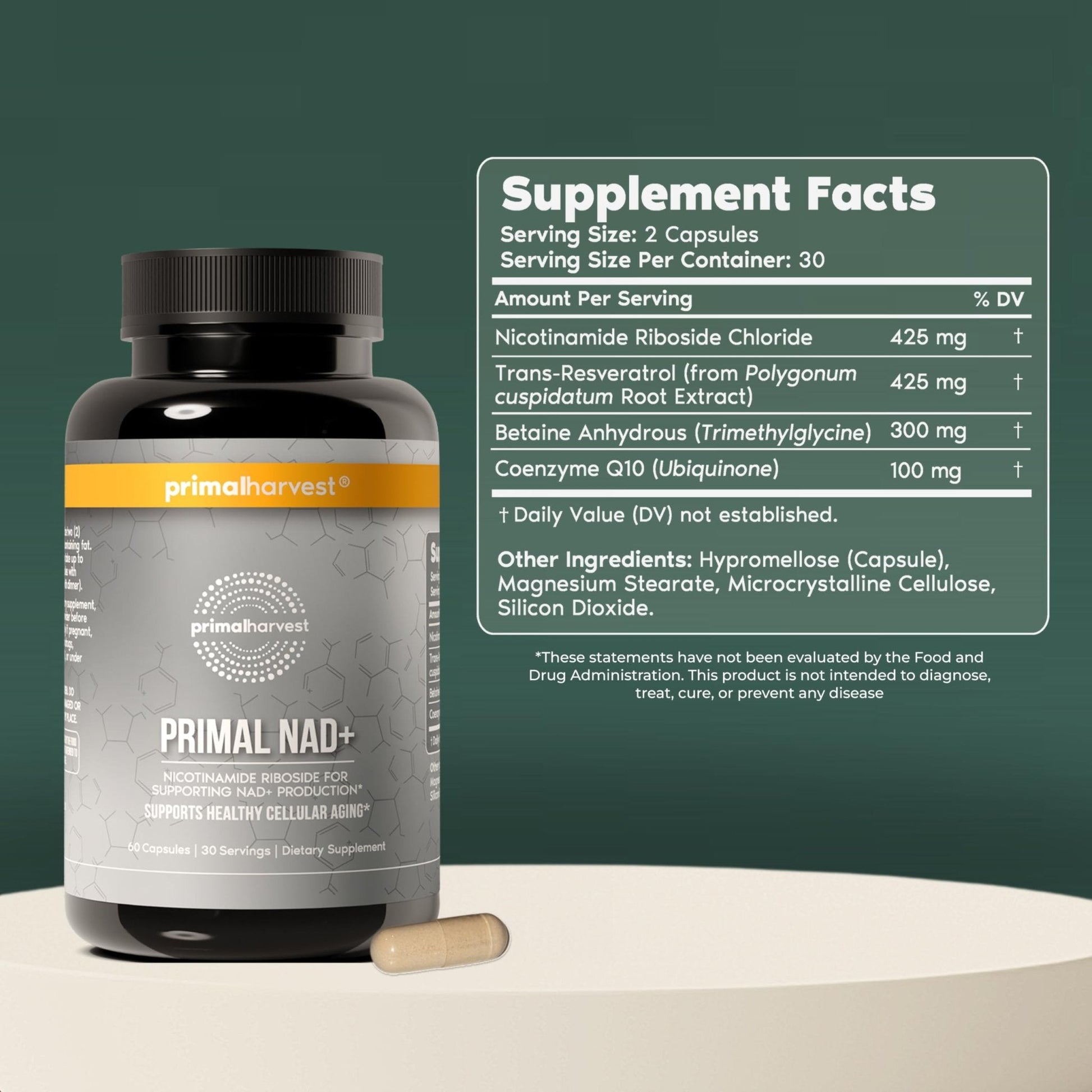 Primal Harvest NAD+ Supplement: Nicotinamide Riboside, Trans-Resveratrol, Betaine, CoQ10, NAD Supplements for Cellular Health, Energy, and Mitochondrial Support (60 Count (1 Pack) - Maple Wellness Supplements