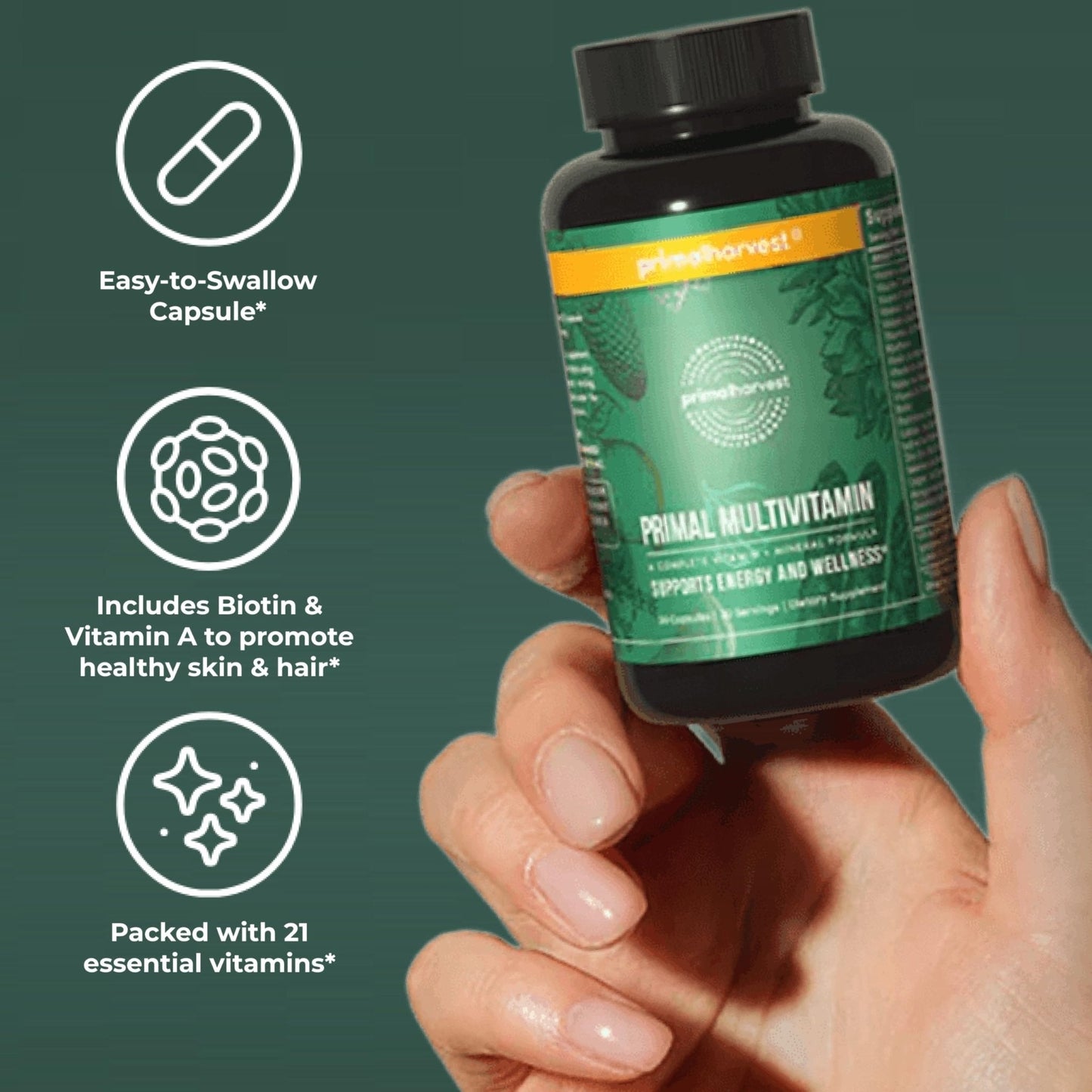 Primal Harvest Primal Multivitamin - Daily Multi-Vitamin Supplement with 21 Essential Vitamins & Minerals for Women & Men - Vitamin A, C, D, E, B12, B6 - Maple Wellness Supplements