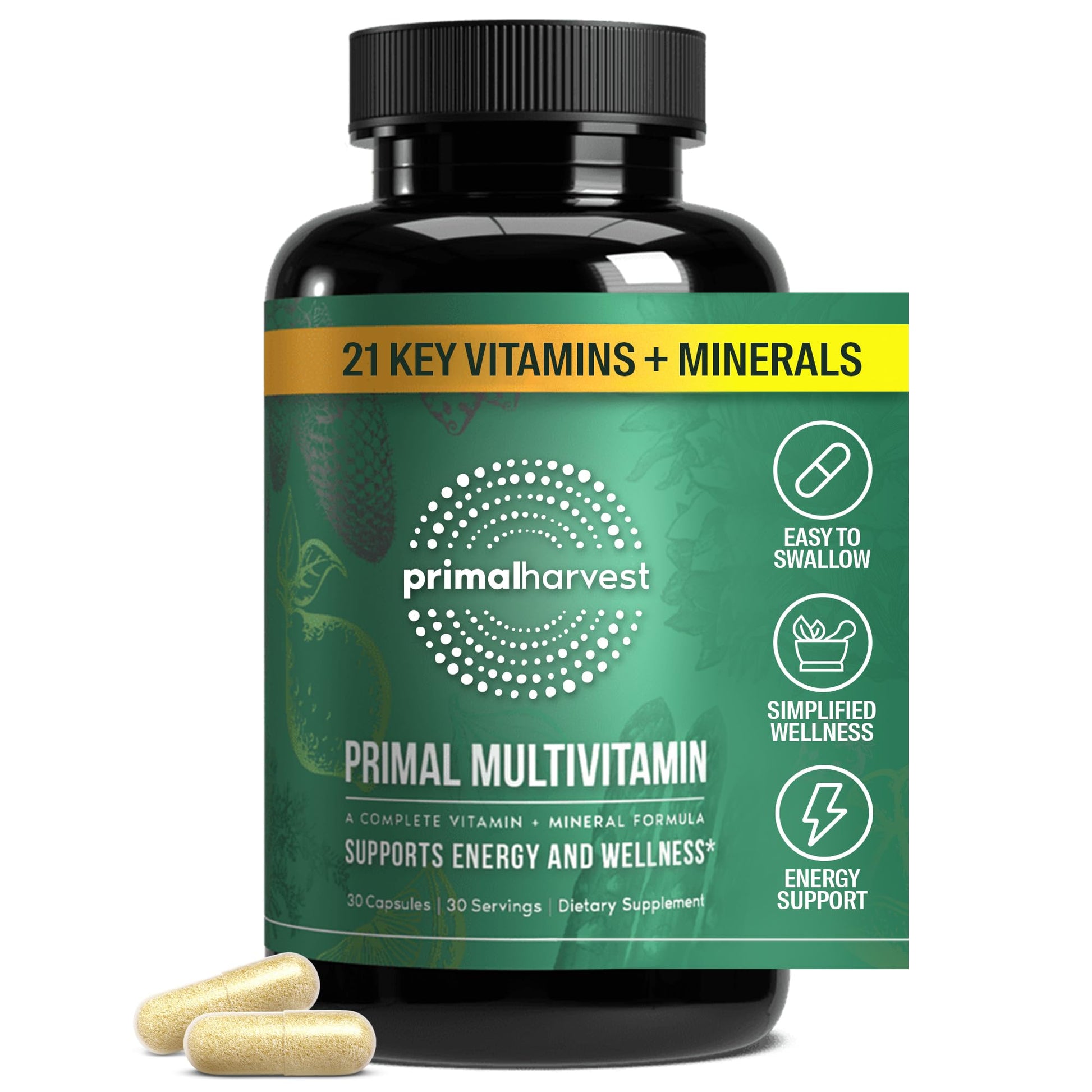 Primal Harvest Primal Multivitamin - Daily Multi-Vitamin Supplement with 21 Essential Vitamins & Minerals for Women & Men - Vitamin A, C, D, E, B12, B6 - Maple Wellness Supplements