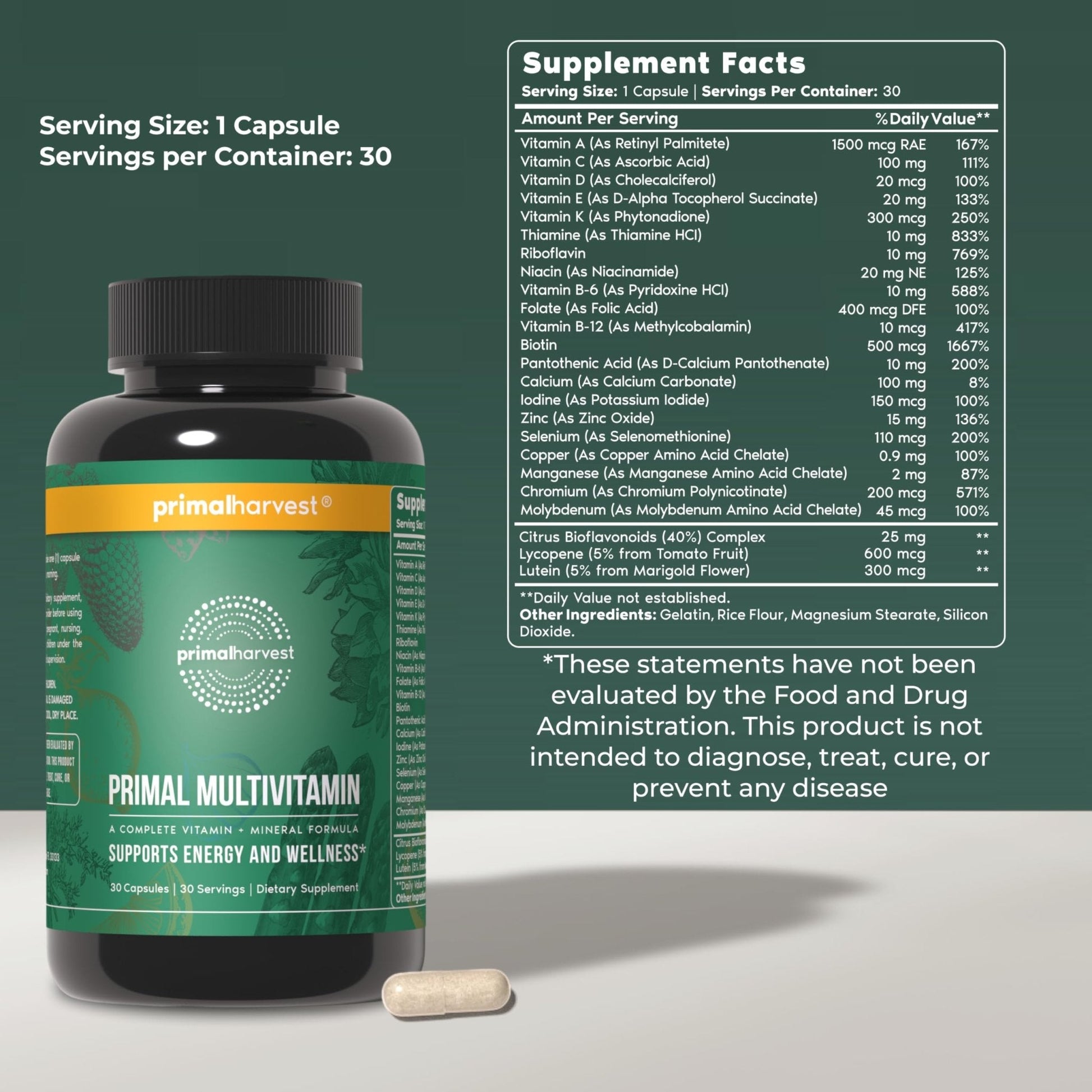 Primal Harvest Primal Multivitamin - Daily Multi-Vitamin Supplement with 21 Essential Vitamins & Minerals for Women & Men - Vitamin A, C, D, E, B12, B6 - Maple Wellness Supplements