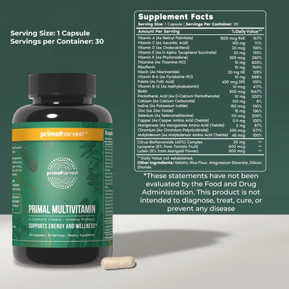 Primal Harvest Primal Multivitamin - Daily Multi-Vitamin Supplement with 21 Essential Vitamins & Minerals for Women & Men - Vitamin A, C, D, E, B12, B6 - Maple Wellness Supplements