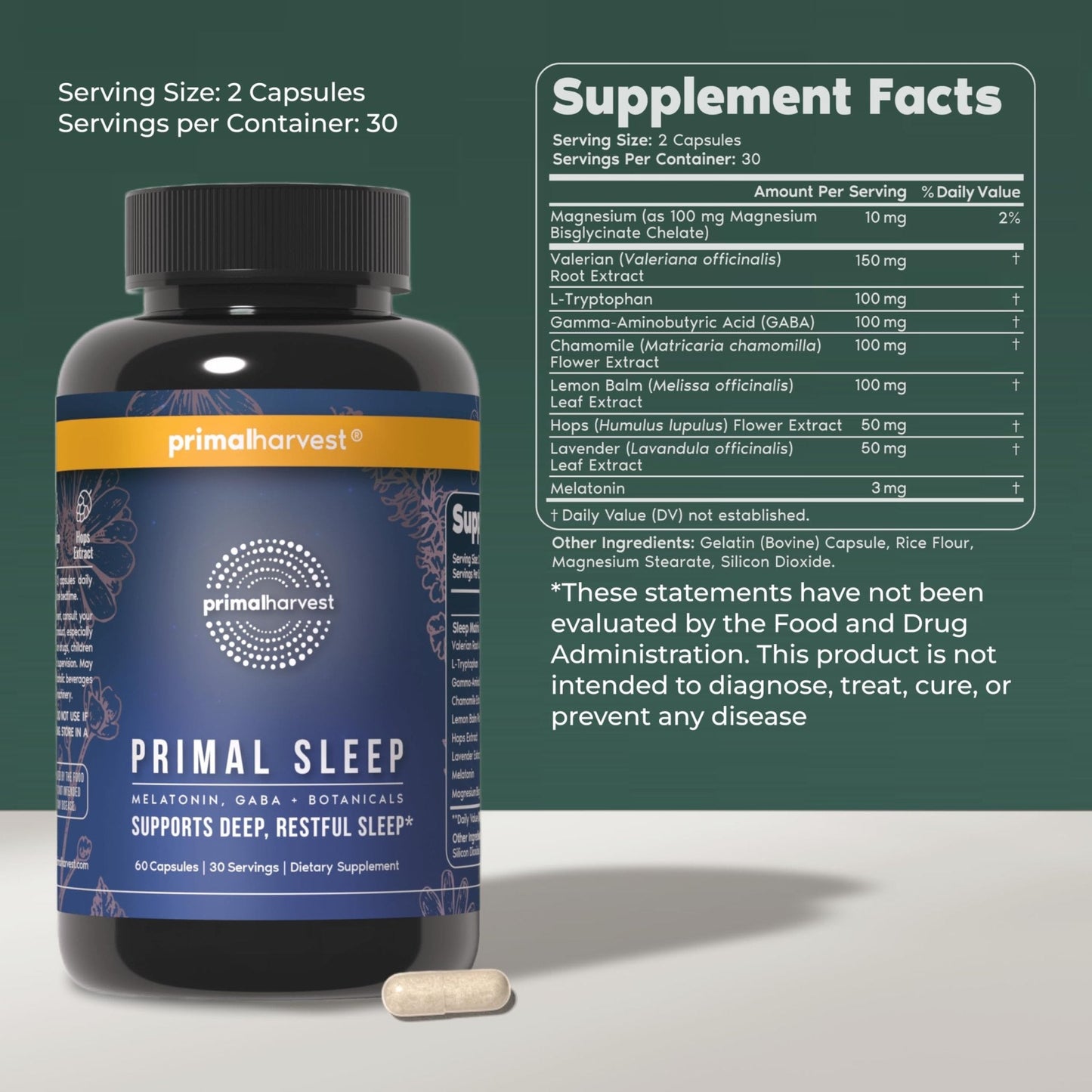 Primal Harvest Primal Sleep Support Supplement for Adults with Melatonin, GABA, Valerian Root, L-Tryptophan, Magnesium Bisglycinate Chelate - Maple Wellness Supplements