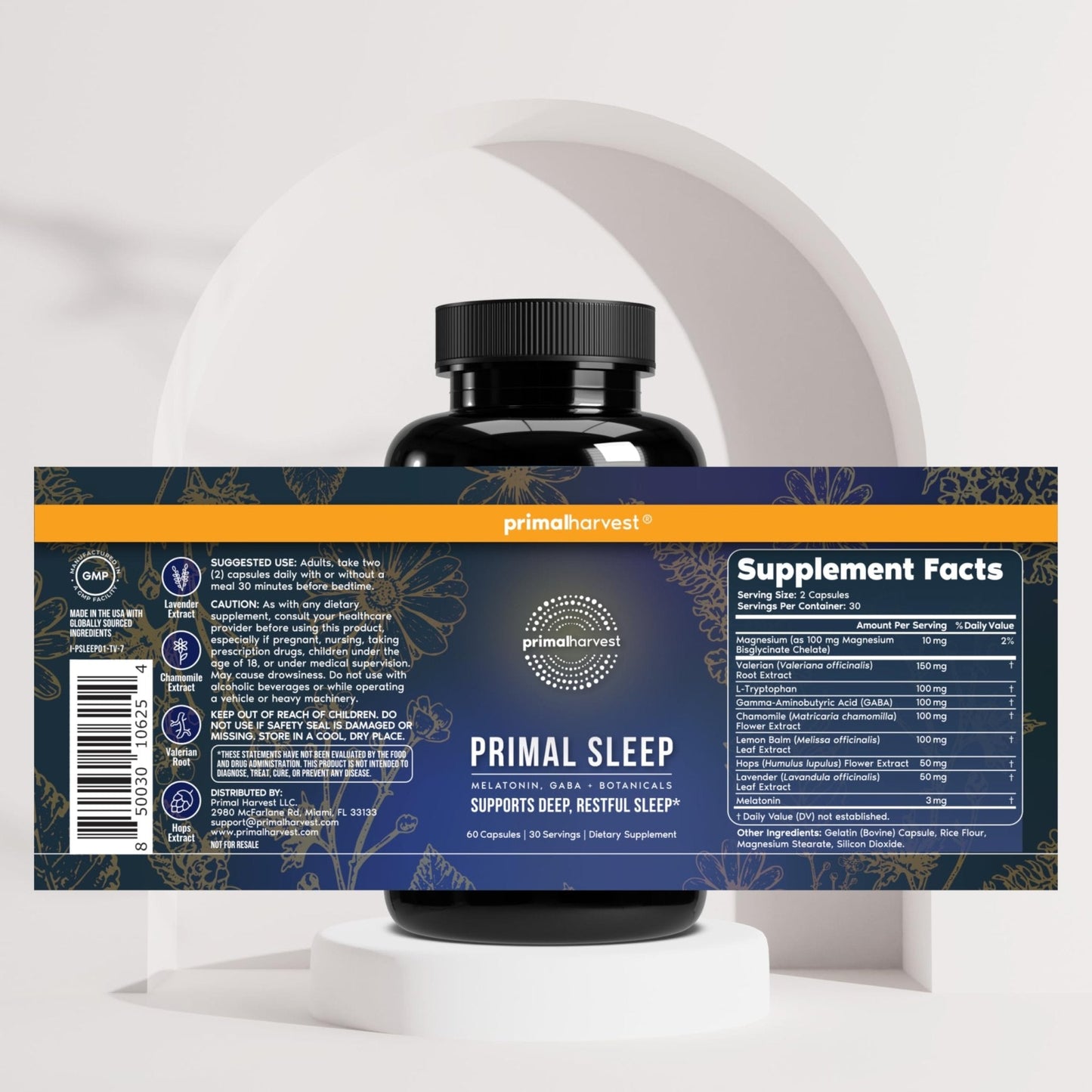 Primal Harvest Primal Sleep Support Supplement for Adults with Melatonin, GABA, Valerian Root, L-Tryptophan, Magnesium Bisglycinate Chelate - Maple Wellness Supplements