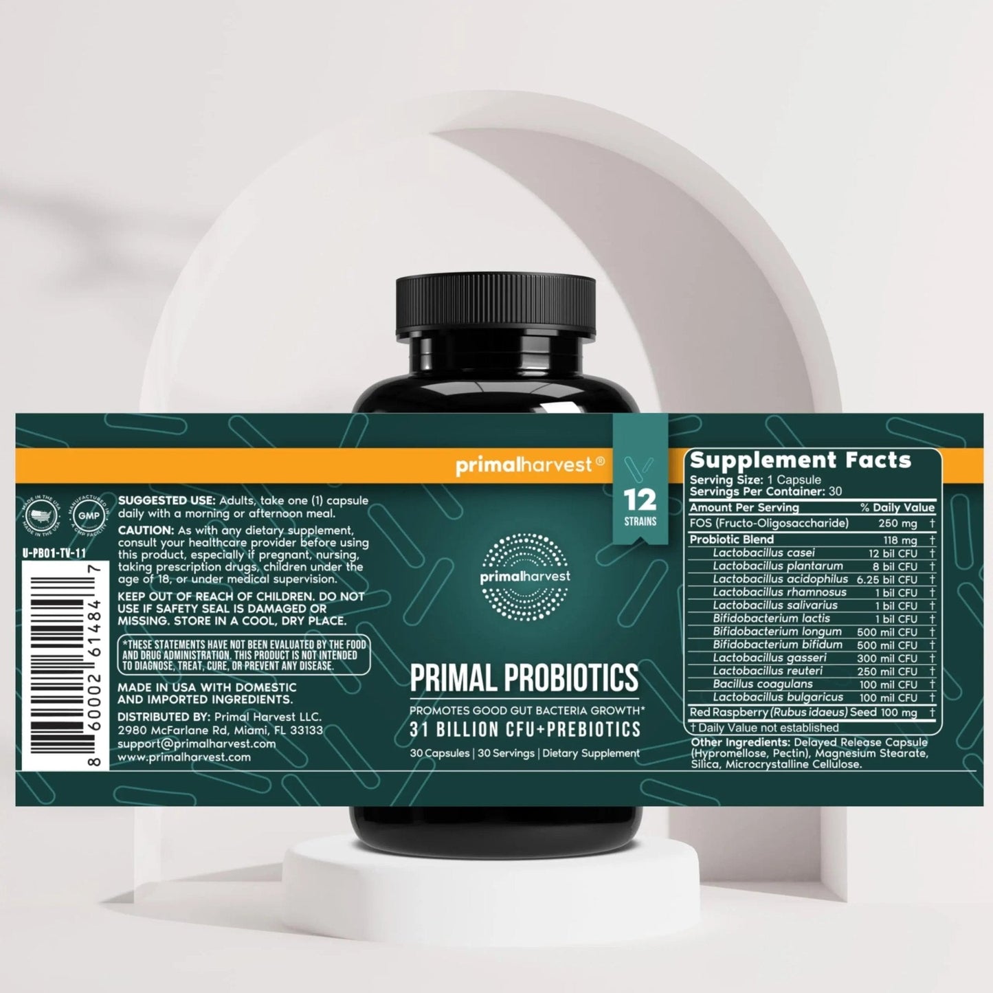 Primal Harvest Probiotics for Women & Men Daily Probiotic Supplement with 12 Strains for Gut & Digestive Health 30 Capsules - Maple Wellness Supplements