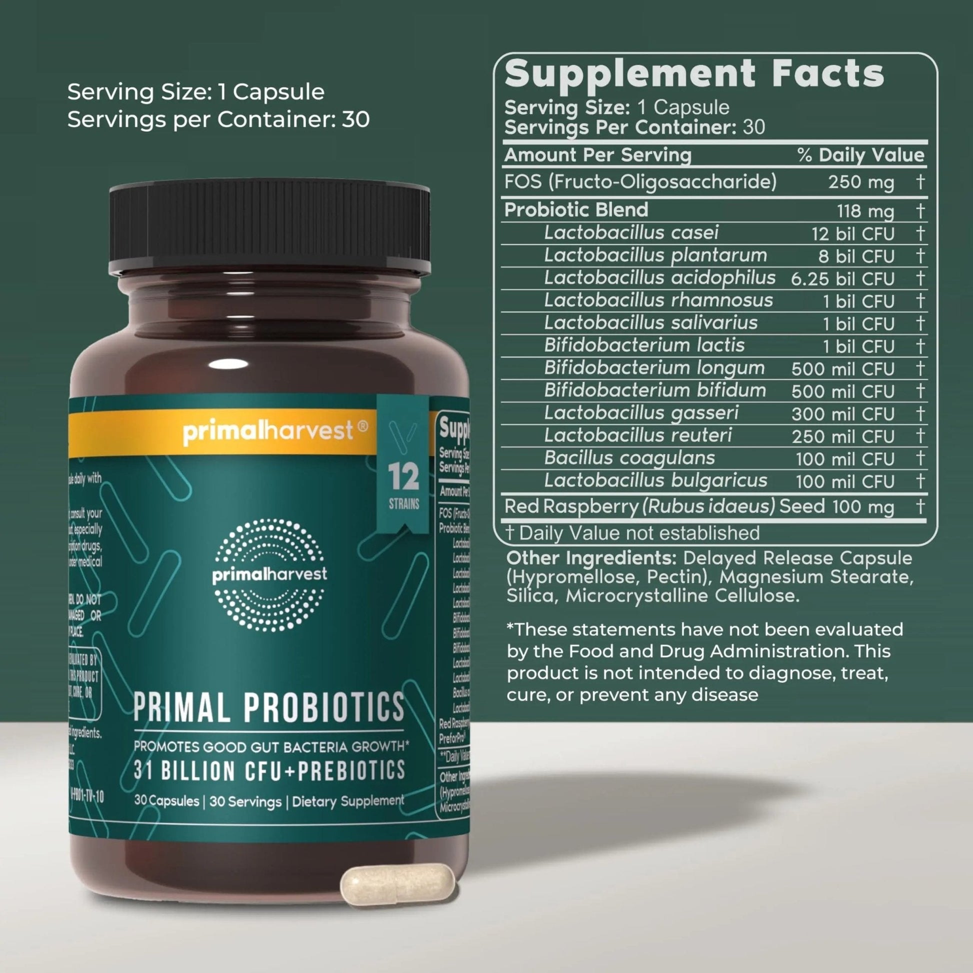 Primal Harvest Probiotics for Women & Men Daily Probiotic Supplement with 12 Strains for Gut & Digestive Health 30 Capsules - Maple Wellness Supplements