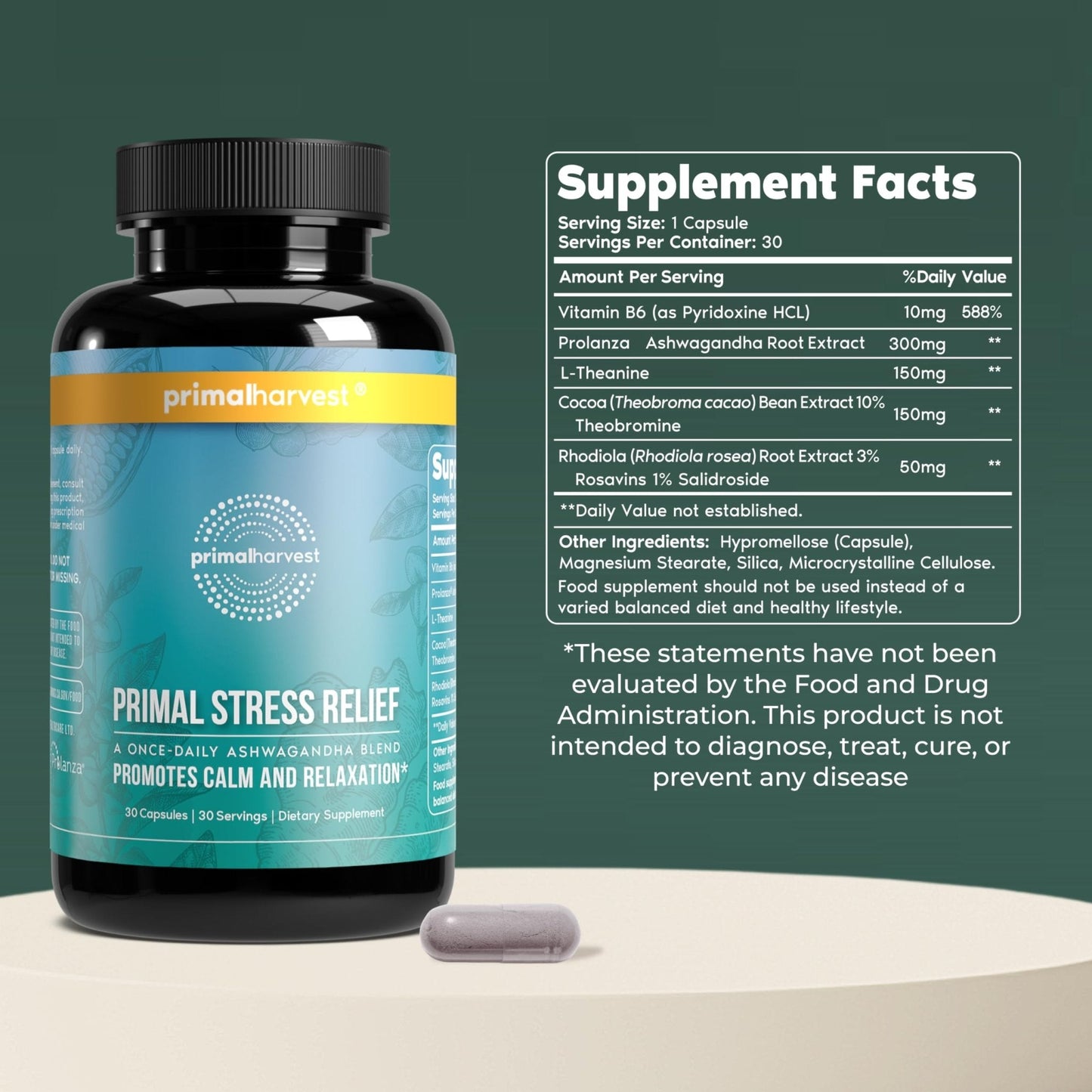 Primal Harvest Stress Relief Supplement for Women and Men Pure Ashwagandha Root Extract, L-Theanine Supplements, 30 Capsules - Maple Wellness Supplements