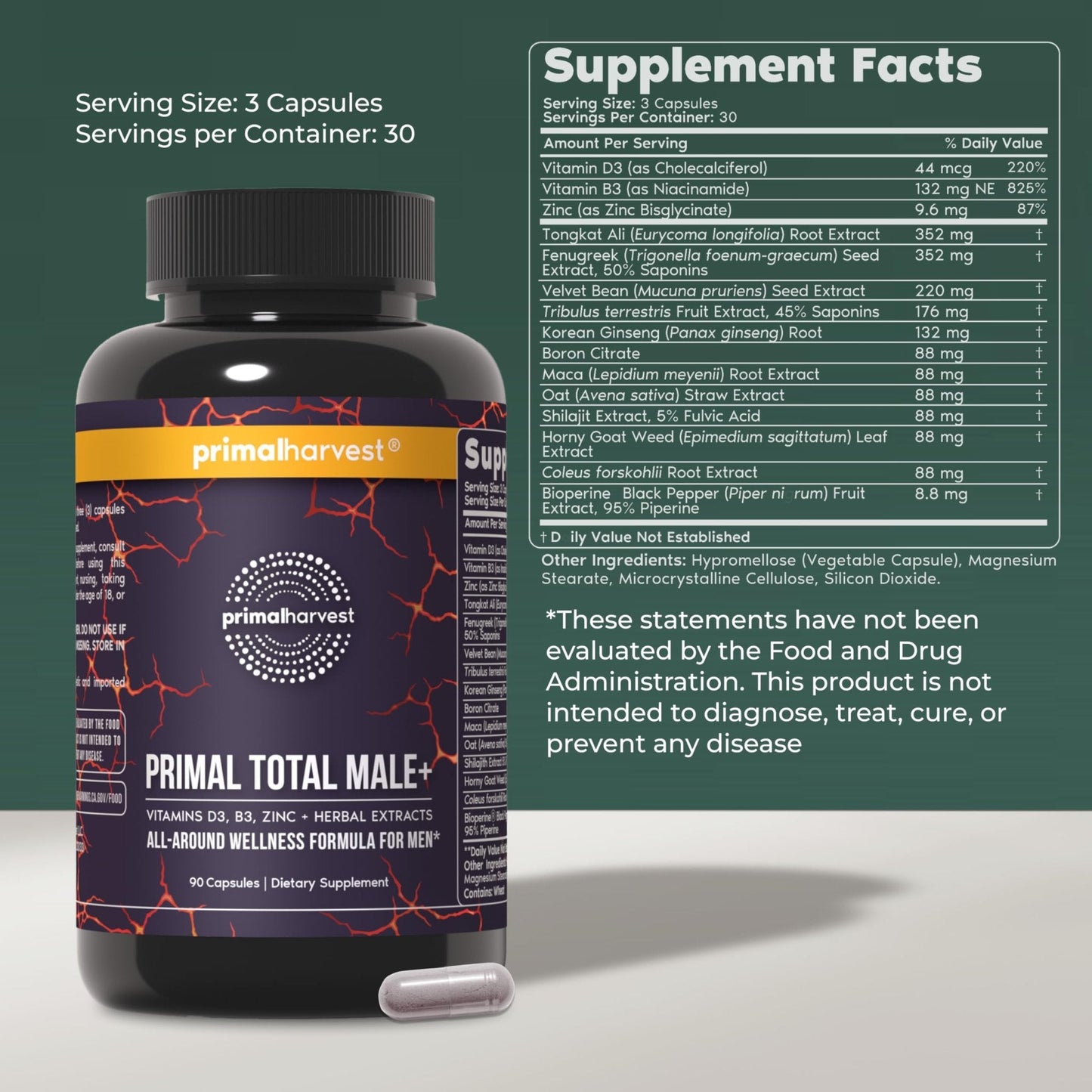 Primal Harvest Total Male+ Multivitamin for Men Vitamins, Minerals and Herbal Support for Energy, Vitality, Immune Health and Performance (1 Pack (90 Count)) - Maple Wellness Supplements