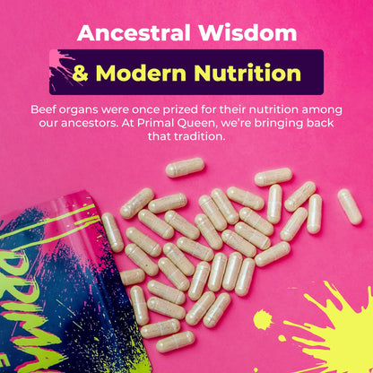 Primal Queen Female-Optimized Beef Organ Superfood Supplement (Beef Liver, Kidney, Heart, & 3 More) - 100% Grass Fed, Pasture Raised - 3rd Party & Clinically Tested - Maple Wellness Supplements