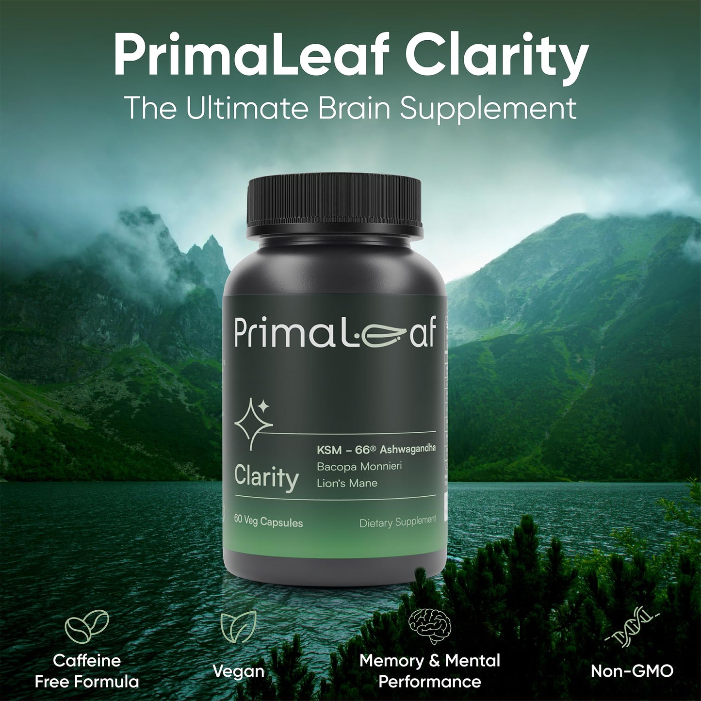 PrimaLeaf Clarity Nootropics Brain Supplement for Focus, Memory, & Stress Relief | Natural Nootropic with KSM66 Ashwagandha, Lions Mane, Bacopa, L Theanine | Cognitive & Mood Support | 60 Veg Capsules - Maple Wellness Supplements