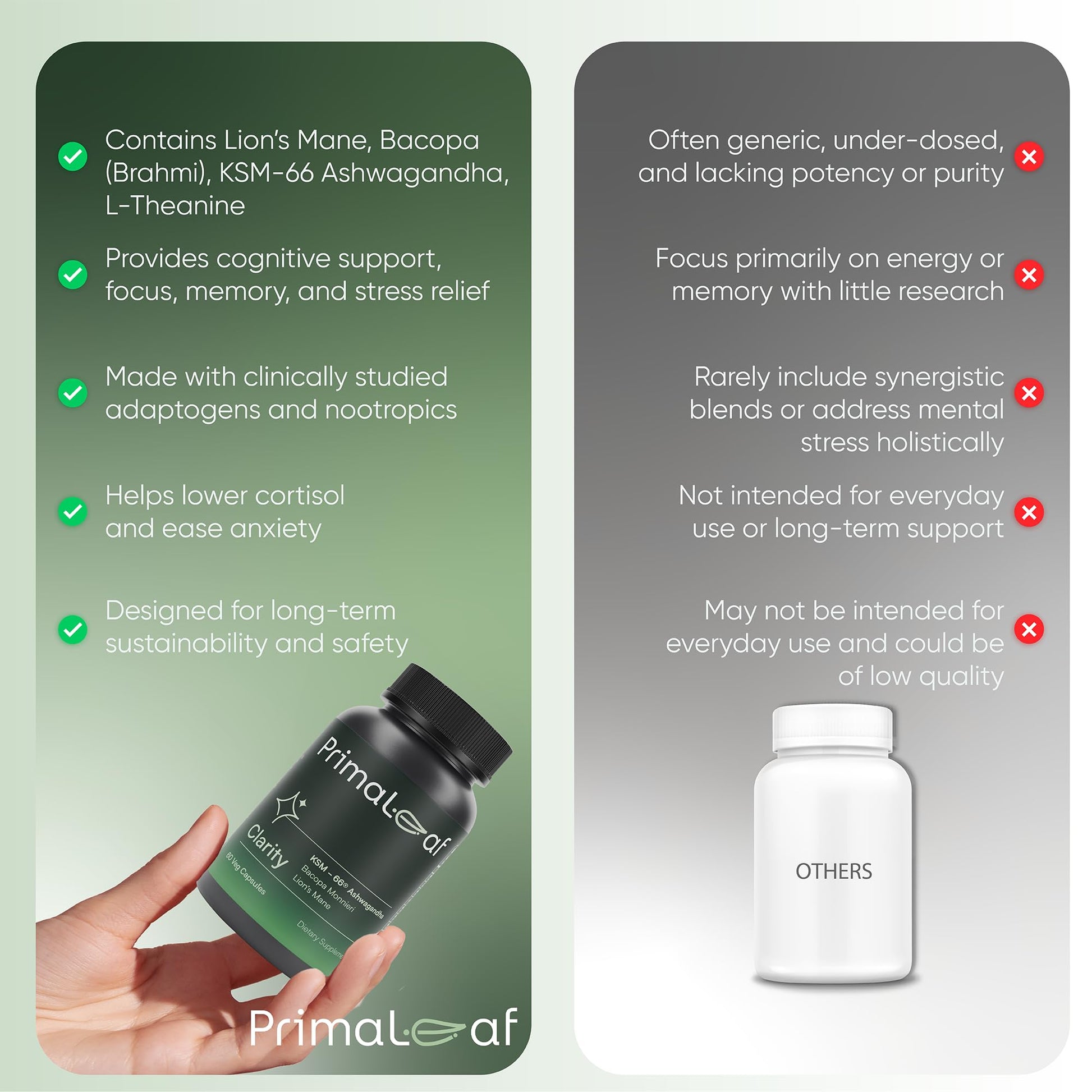 PrimaLeaf Clarity Nootropics Brain Supplement for Focus, Memory, & Stress Relief | Natural Nootropic with KSM66 Ashwagandha, Lions Mane, Bacopa, L Theanine | Cognitive & Mood Support | 60 Veg Capsules - Maple Wellness Supplements