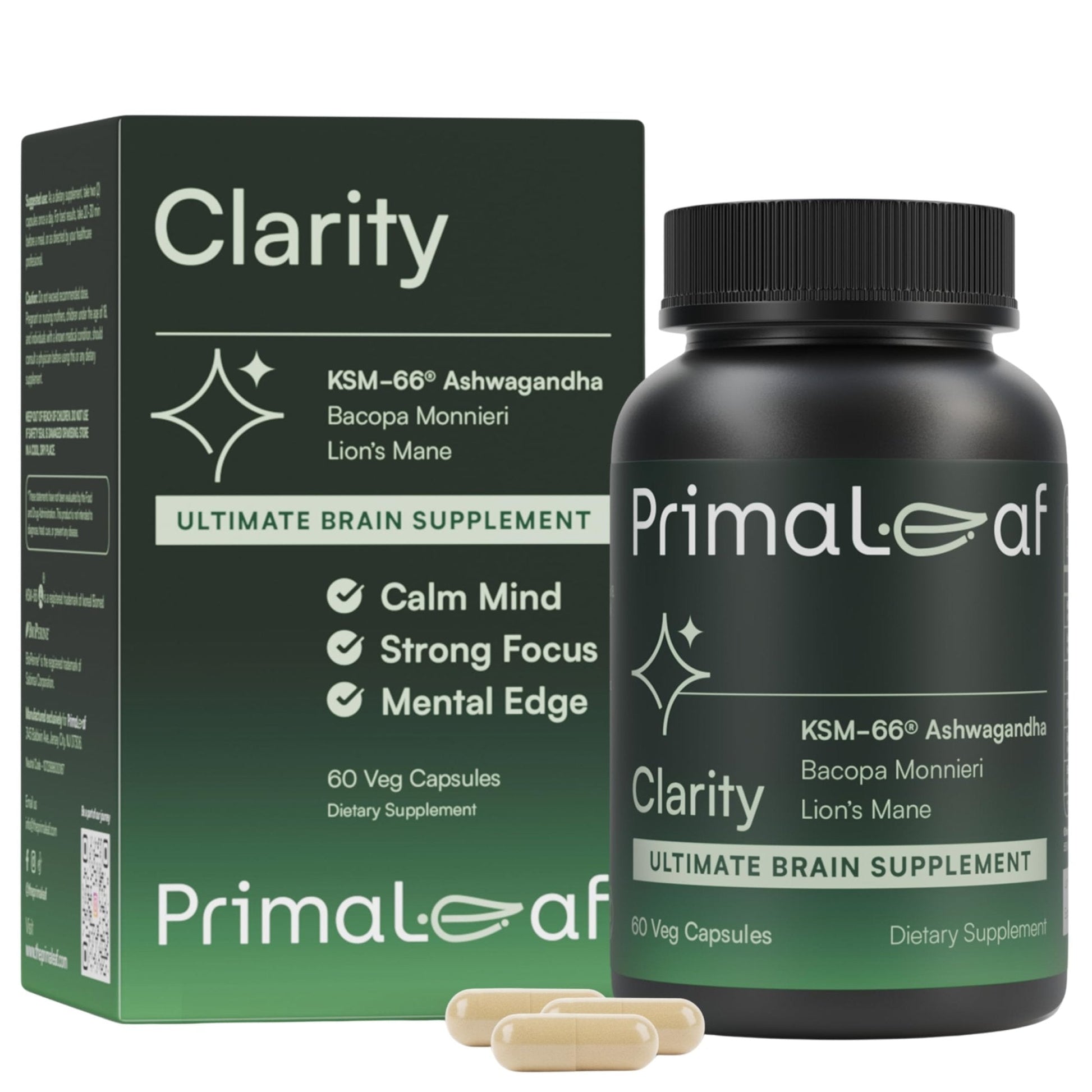 PrimaLeaf Clarity Nootropics Brain Supplement for Focus, Memory, & Stress Relief | Natural Nootropic with KSM66 Ashwagandha, Lions Mane, Bacopa, L Theanine | Cognitive & Mood Support | 60 Veg Capsules - Maple Wellness Supplements