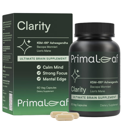 PrimaLeaf Clarity Nootropics Brain Supplement for Focus, Memory, & Stress Relief | Natural Nootropic with KSM66 Ashwagandha, Lions Mane, Bacopa, L Theanine | Cognitive & Mood Support | 60 Veg Capsules - Maple Wellness Supplements