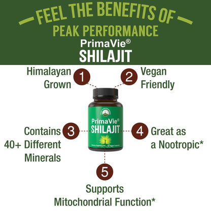 PrimaVie Purified Shilajit Capsules Made with Pure Shilajit Powder. Clinically Tested Natural Supplement with 40+ Trace Minerals, Fulvic Acid. Tablets Support Mitochondria + Brain Function - Maple Wellness Supplements