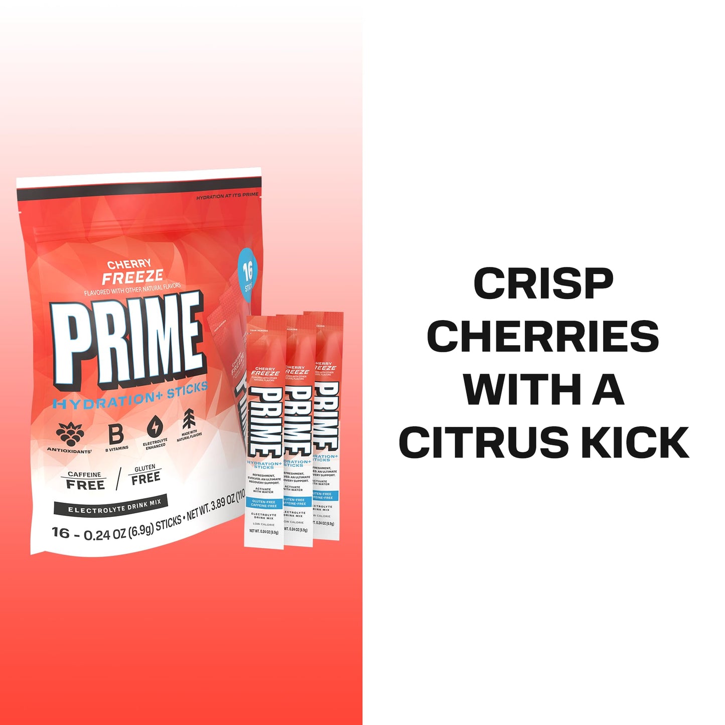 PRIME HYDRATION+ Electrolyte Powder Sticks, Cherry Freeze, Sugar Free Hydration Drink Mix with Potassium, Magnesium & B Vitamins - Maple Wellness Supplements