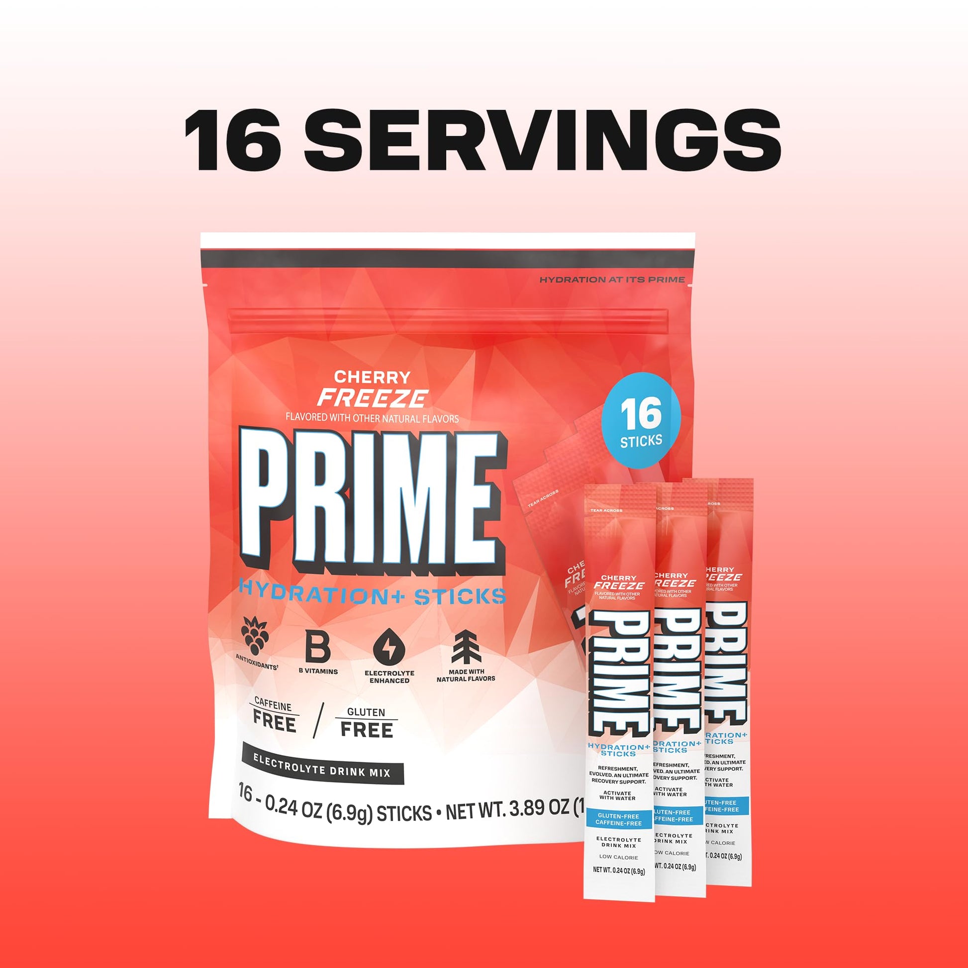 PRIME HYDRATION+ Electrolyte Powder Sticks, Cherry Freeze, Sugar Free Hydration Drink Mix with Potassium, Magnesium & B Vitamins - Maple Wellness Supplements