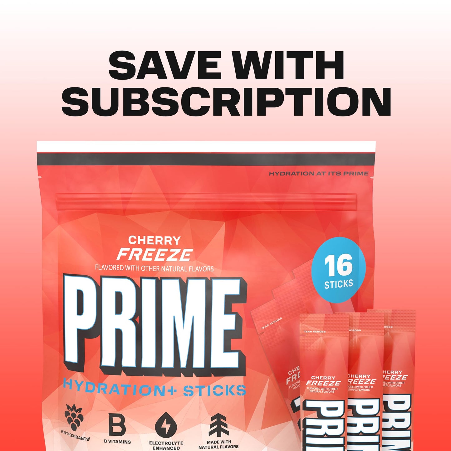PRIME HYDRATION+ Electrolyte Powder Sticks, Cherry Freeze, Sugar Free Hydration Drink Mix with Potassium, Magnesium & B Vitamins - Maple Wellness Supplements