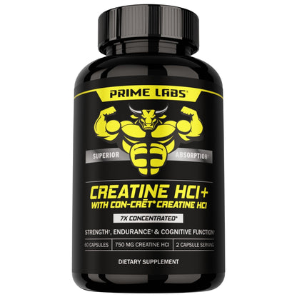 Prime Labs Creatine HCl Capsules - with CON-CRĒT®, Rhodiola Root Extract, & L-Theanine - Muscle Support, Endurance, Cognitive Function - for Men & Women - 60 Pills - Maple Wellness Supplements