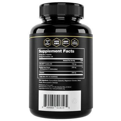 Prime Labs Creatine HCl Capsules - with CON-CRĒT®, Rhodiola Root Extract, & L-Theanine - Muscle Support, Endurance, Cognitive Function - for Men & Women - 60 Pills - Maple Wellness Supplements