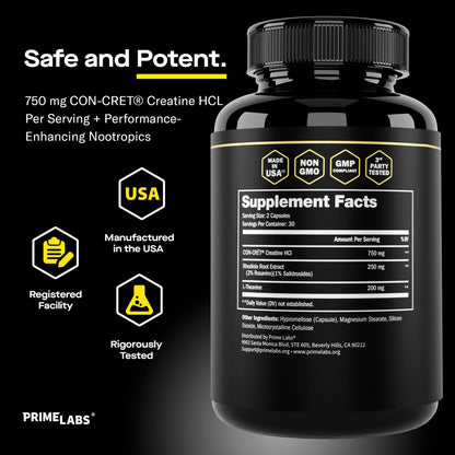 Prime Labs Creatine HCl Capsules - with CON-CRĒT®, Rhodiola Root Extract, & L-Theanine - Muscle Support, Endurance, Cognitive Function - for Men & Women - 60 Pills - Maple Wellness Supplements
