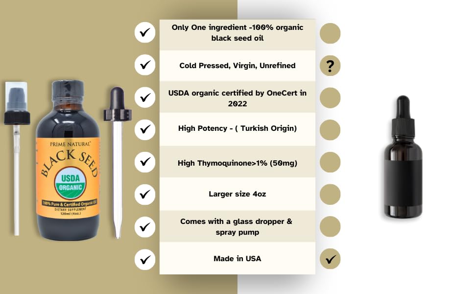 Prime Natural Organic Black Seed Oil 4oz - Cold Pressed Unrefined High Thymoquinone 1.7% USDA Certified - Turkish Origin Potent Nigella Sativa Liquid - Maple Wellness Supplements