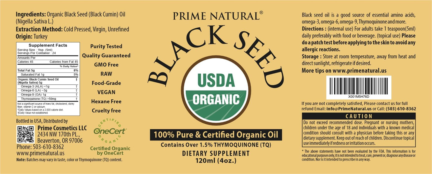 Prime Natural Organic Black Seed Oil 4oz - Cold Pressed Unrefined High Thymoquinone 1.7% USDA Certified - Turkish Origin Potent Nigella Sativa Liquid - Maple Wellness Supplements