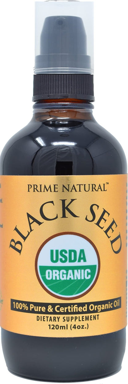 Prime Natural Organic Black Seed Oil 4oz - Cold Pressed Unrefined High Thymoquinone 1.7% USDA Certified - Turkish Origin Potent Nigella Sativa Liquid - Maple Wellness Supplements