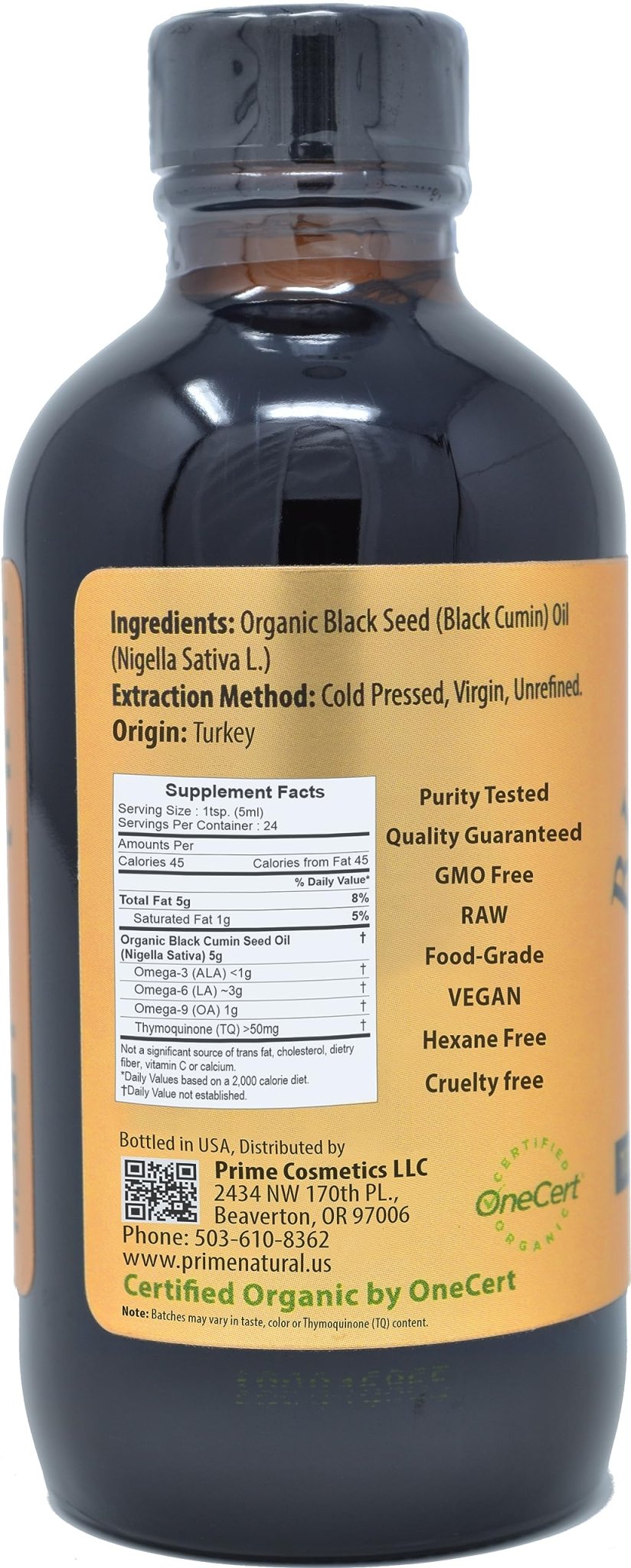 Prime Natural Organic Black Seed Oil 4oz - Cold Pressed Unrefined High Thymoquinone 1.7% USDA Certified - Turkish Origin Potent Nigella Sativa Liquid - Maple Wellness Supplements