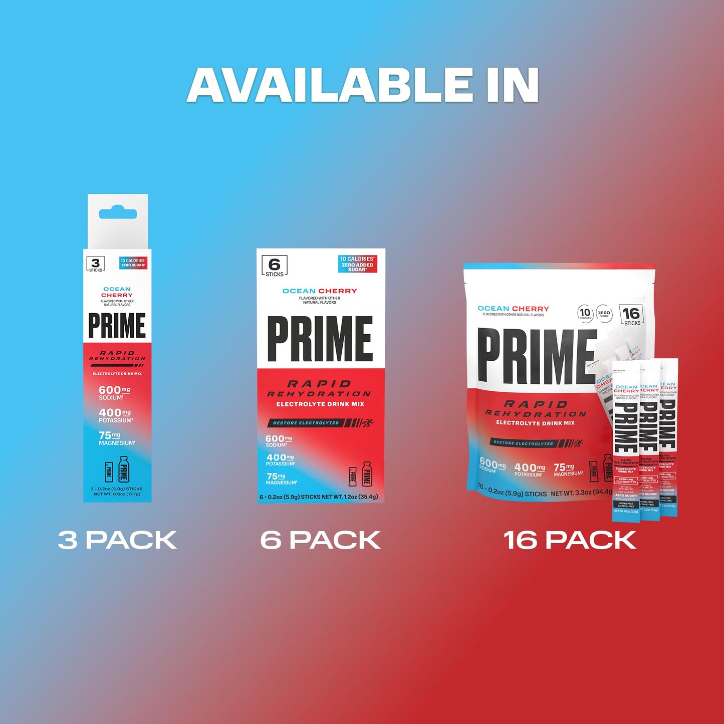 Prime Rapid Rehydration Electrolyte Powder Sticks, Ocean Cherry, Sugar Free Hydration Drink Mix with Sodium, Potassium, Magnesium & B Vitamins - Maple Wellness Supplements