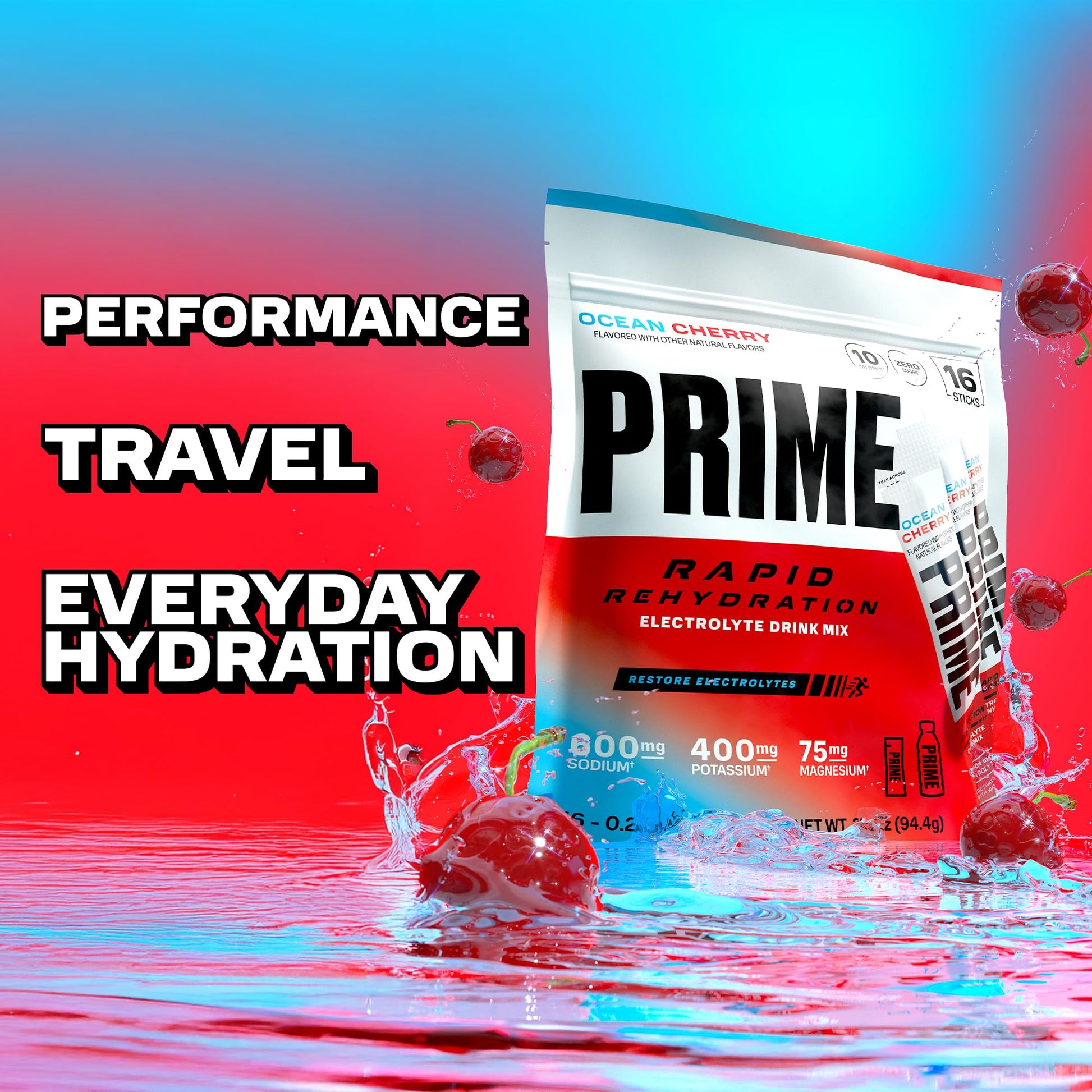 Prime Rapid Rehydration Electrolyte Powder Sticks, Ocean Cherry, Sugar Free Hydration Drink Mix with Sodium, Potassium, Magnesium & B Vitamins - Maple Wellness Supplements