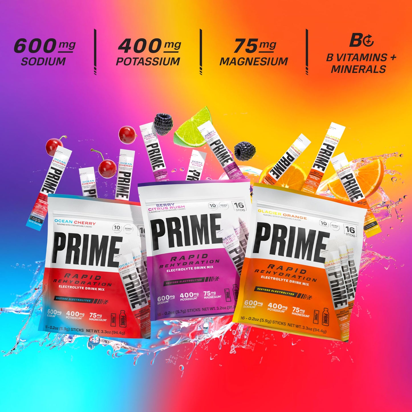 Prime Rapid Rehydration Electrolyte Powder Sticks, Ocean Cherry, Sugar Free Hydration Drink Mix with Sodium, Potassium, Magnesium & B Vitamins - Maple Wellness Supplements