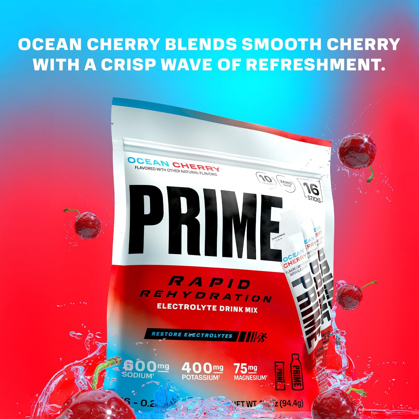 Prime Rapid Rehydration Electrolyte Powder Sticks, Ocean Cherry, Sugar Free Hydration Drink Mix with Sodium, Potassium, Magnesium & B Vitamins - Maple Wellness Supplements