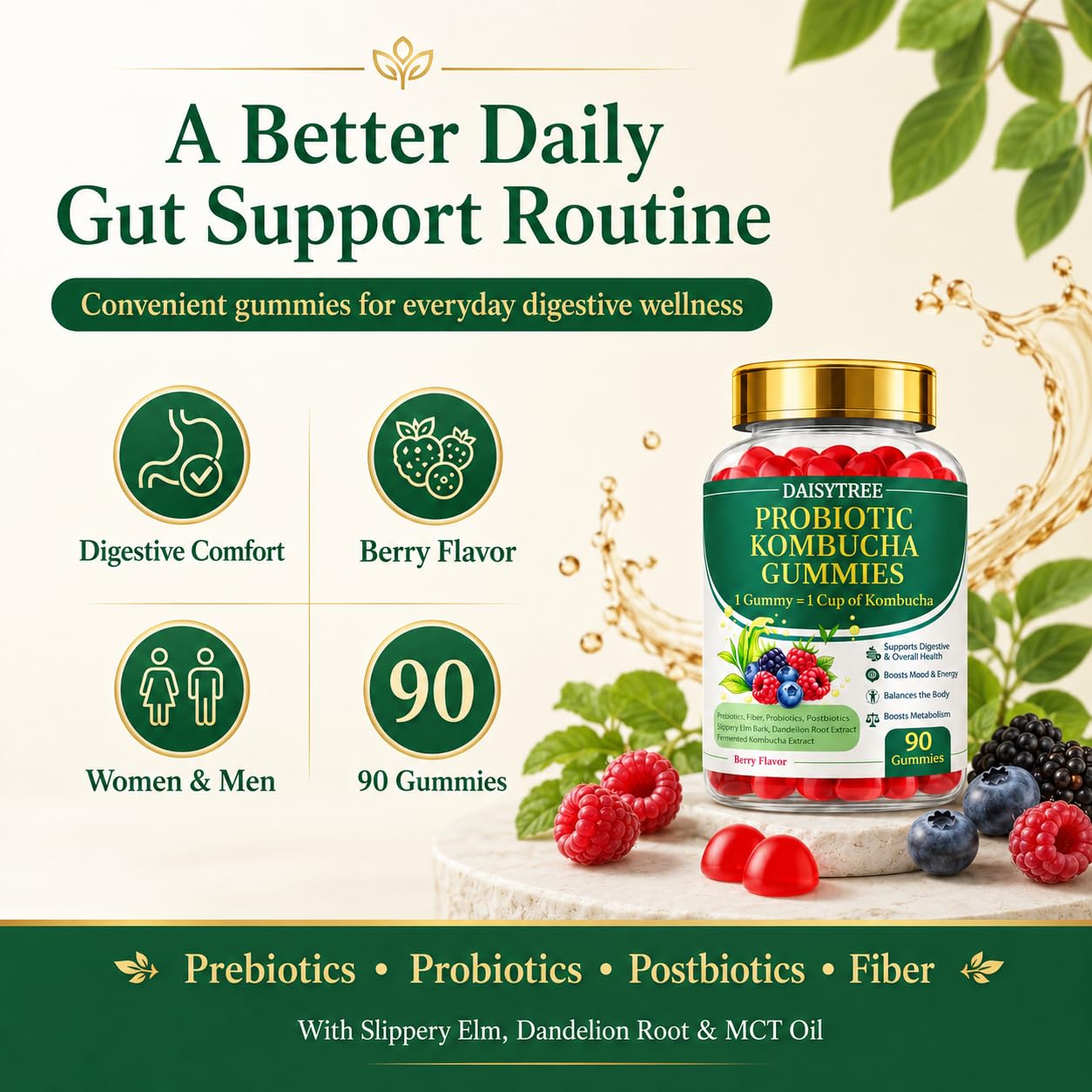 PRIMEHAVEN Probiotic Kombucha Gummies - Prebiotics, Probiotics, Postbiotics, Fiber Supplement, Slippery Elm, Dandelion Root, for Bloating, Gut Health - Maple Wellness Supplements