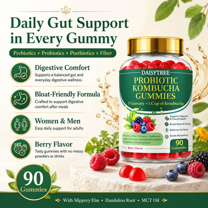 PRIMEHAVEN Probiotic Kombucha Gummies - Prebiotics, Probiotics, Postbiotics, Fiber Supplement, Slippery Elm, Dandelion Root, for Bloating, Gut Health - Maple Wellness Supplements