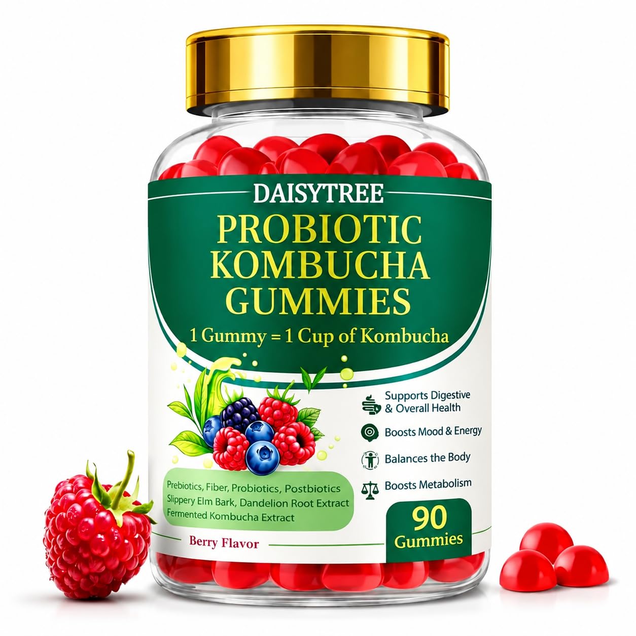 PRIMEHAVEN Probiotic Kombucha Gummies - Prebiotics, Probiotics, Postbiotics, Fiber Supplement, Slippery Elm, Dandelion Root, for Bloating, Gut Health - Maple Wellness Supplements