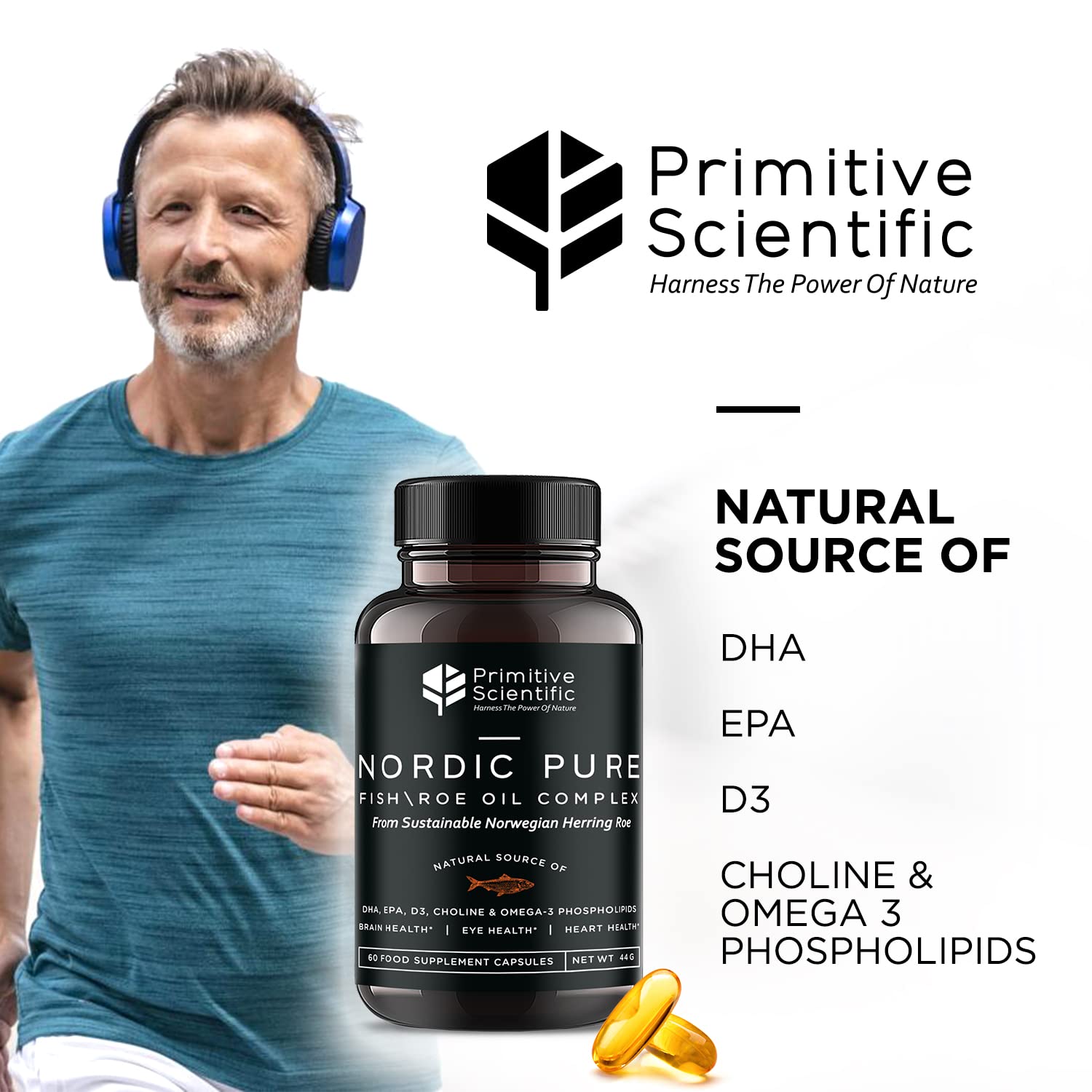 Primitive Scientific Nordic Pure Oil Complex (60 Fish Oil Capsules) for Brain, Immunity & Vision - Heart Supplement w/EPA, DHA, Vitamin D3, Choline - Omega 3 Supplements - Maple Wellness Supplements