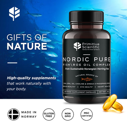 Primitive Scientific Nordic Pure Oil Complex (60 Fish Oil Capsules) for Brain, Immunity & Vision - Heart Supplement w/EPA, DHA, Vitamin D3, Choline - Omega 3 Supplements - Maple Wellness Supplements