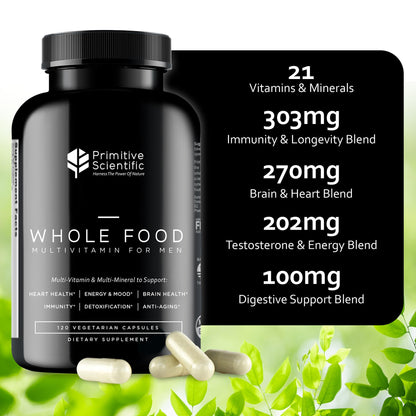 Primitive Scientific Whole Food Natural Multivitamin and Mineral Capsules for Men - All-Day Energy, Inner Zen, and Stronger You (120 Capsules) - Maple Wellness Supplements