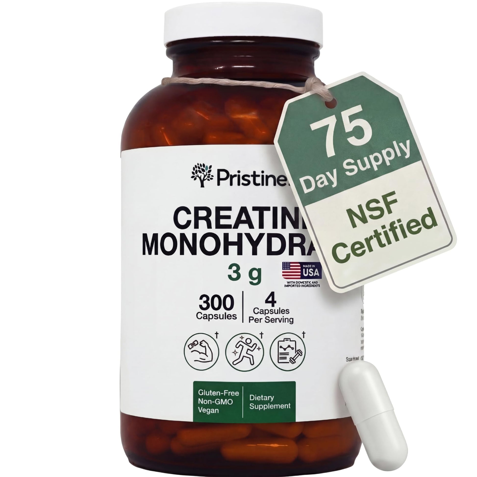 PRISTINE'S Creatine Monohydrate Capsules for Women & Men - NSF Certified 75 Day Supply 3G Creatine Pills for Women - Cognitive & Athletic Performance Support - Maple Wellness Supplements