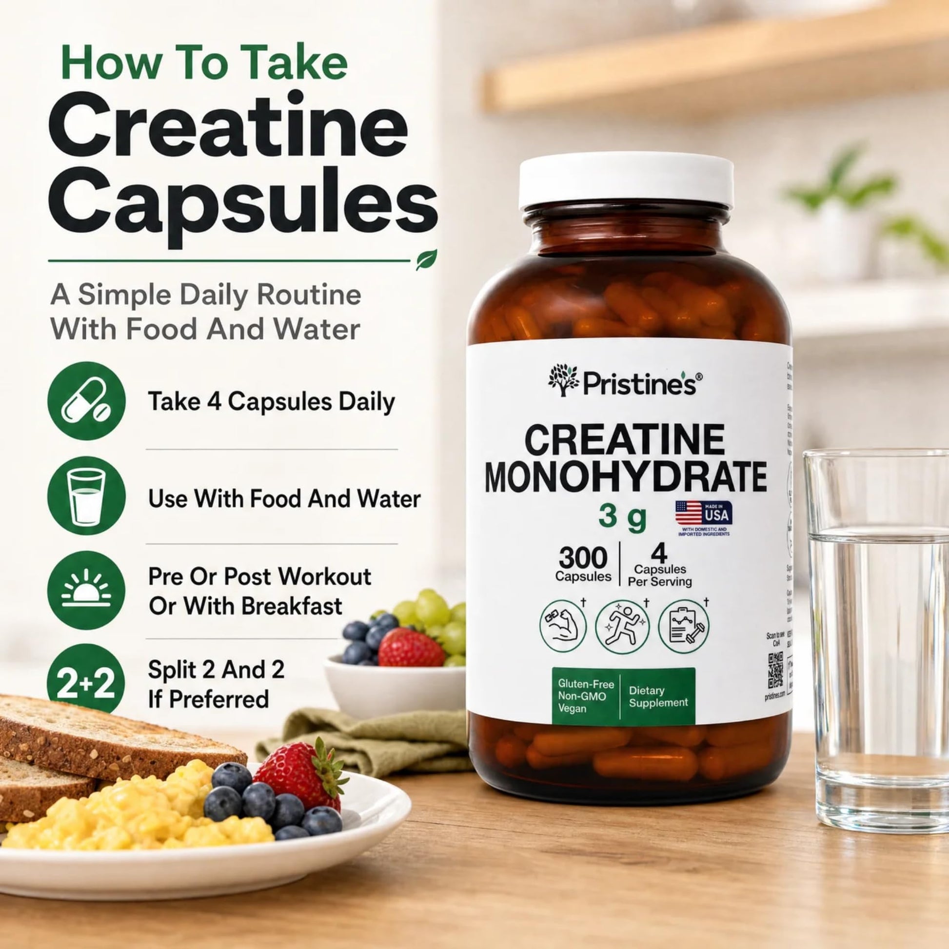 PRISTINE'S Creatine Monohydrate Capsules for Women & Men - NSF Certified 75 Day Supply 3G Creatine Pills for Women - Cognitive & Athletic Performance Support - Maple Wellness Supplements