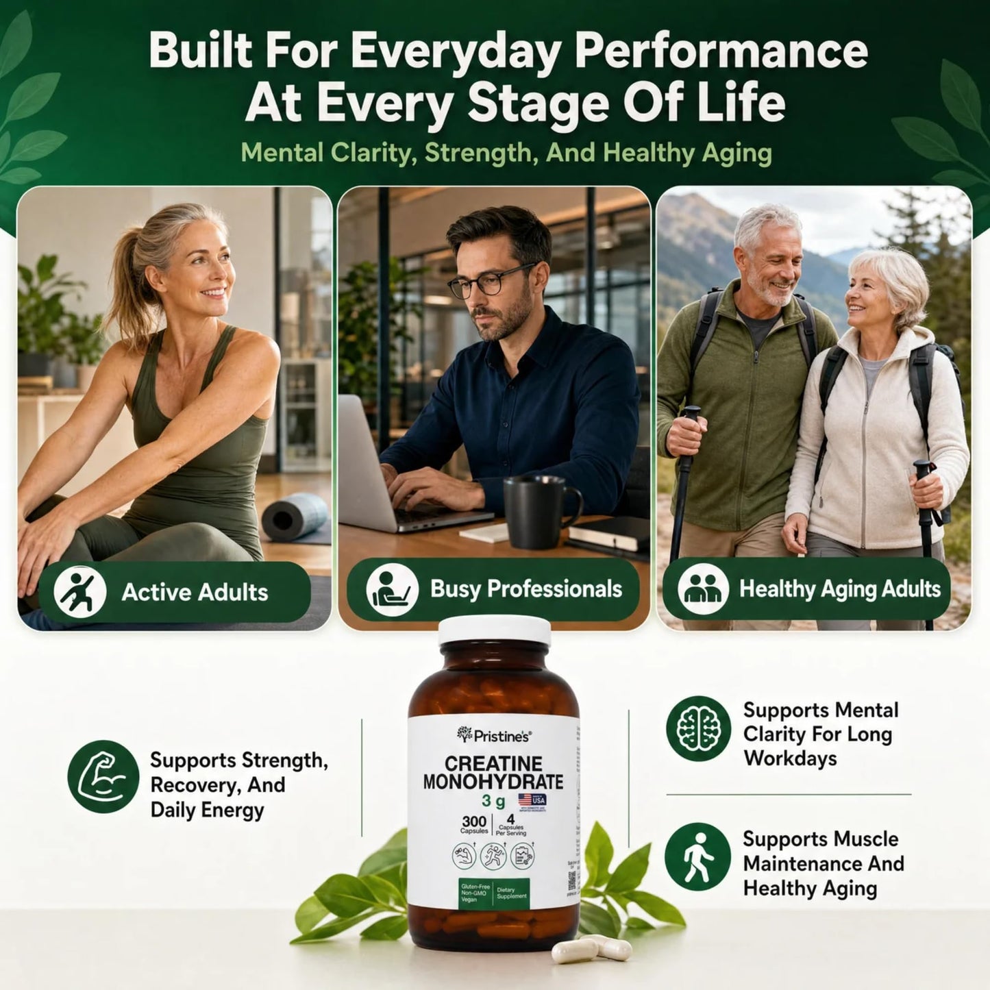 PRISTINE'S Creatine Monohydrate Capsules for Women & Men - NSF Certified 75 Day Supply 3G Creatine Pills for Women - Cognitive & Athletic Performance Support - Maple Wellness Supplements