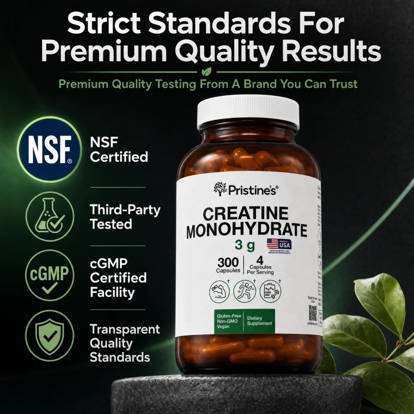 PRISTINE'S Creatine Monohydrate Capsules for Women & Men - NSF Certified 75 Day Supply 3G Creatine Pills for Women - Cognitive & Athletic Performance Support - Maple Wellness Supplements