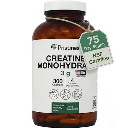PRISTINE'S Creatine Monohydrate Capsules for Women & Men - NSF Certified 75 Day Supply 3G Muscle Growth Support Supplement - Cognitive & Athletic Performance Support - Enhanced Recovery - Maple Wellness Supplements