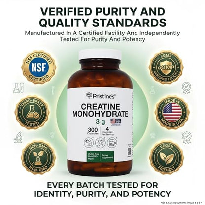 PRISTINE'S Creatine Monohydrate Capsules for Women & Men - NSF Certified 75 Day Supply 3G Muscle Growth Support Supplement - Cognitive & Athletic Performance Support - Enhanced Recovery - Maple Wellness Supplements