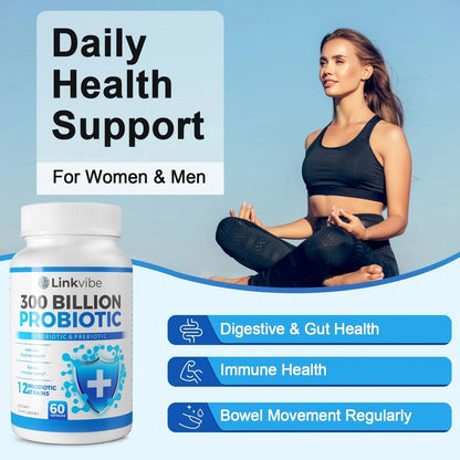 Probiotic 300 Billion CFU - 12 Strains with Organic Prebiotics for Digestive & Gut, Immune, Bloating Health - Probiotics for Women and Men - Daily Dairy Free, Shelf Stable - 60 Counts - Maple Wellness Supplements