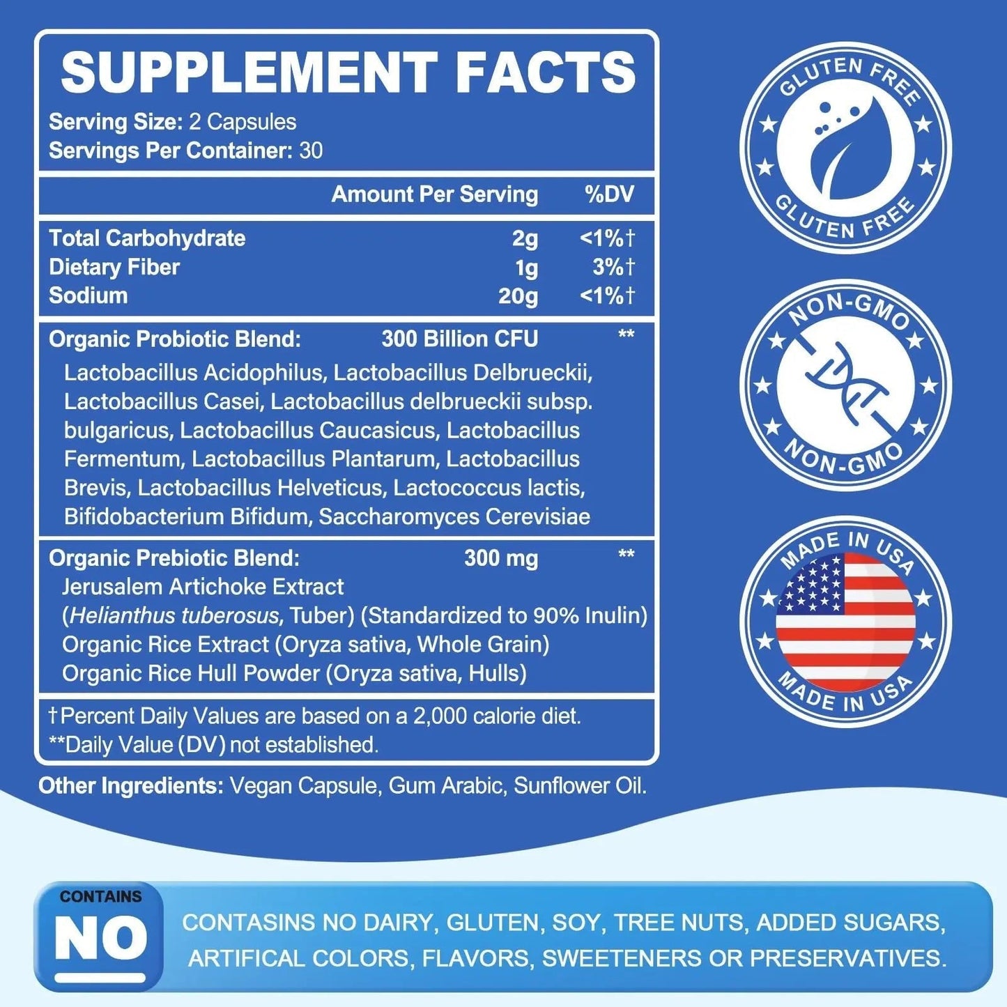 Probiotic 300 Billion CFU - 12 Strains with Organic Prebiotics for Digestive & Gut, Immune, Bloating Health - Probiotics for Women and Men - Daily Dairy Free, Shelf Stable - 60 Counts - Maple Wellness Supplements