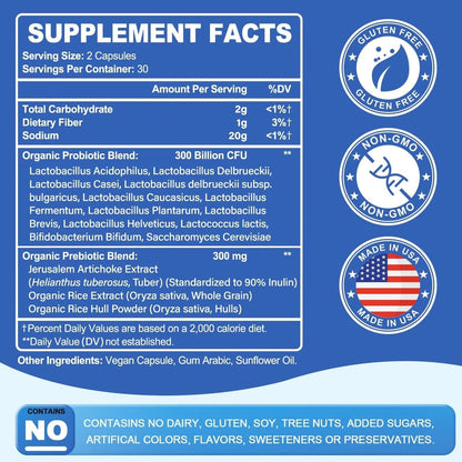 Probiotic 300 Billion CFU - 12 Strains with Organic Prebiotics for Digestive & Gut, Immune, Bloating Health - Probiotics for Women and Men - Daily Dairy Free, Shelf Stable - 60 Counts - Maple Wellness Supplements