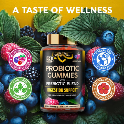 Probiotic Gummies 10B CFU with Prebiotic Fiber - Digestion & Immune Support - Debloat, Stomach & Gut Comfort - Probiotics for Women & Men - Natural Berry Flavor - Vegan & Sugar-free - 60 Gummies - Maple Wellness Supplements
